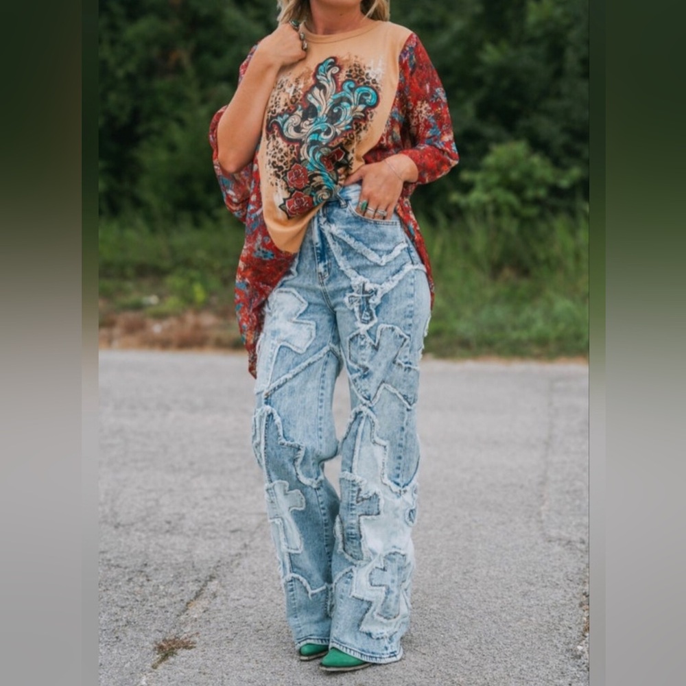 Aphrodite Light Blue Patchwork Flare Jeans - Picture 11 of 13